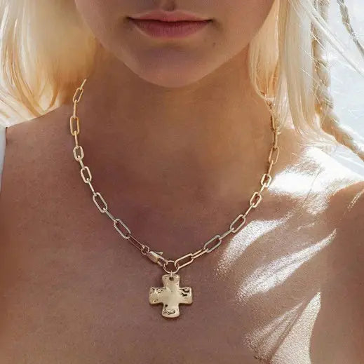 Gold Hammered Cross Front Toggle Necklace