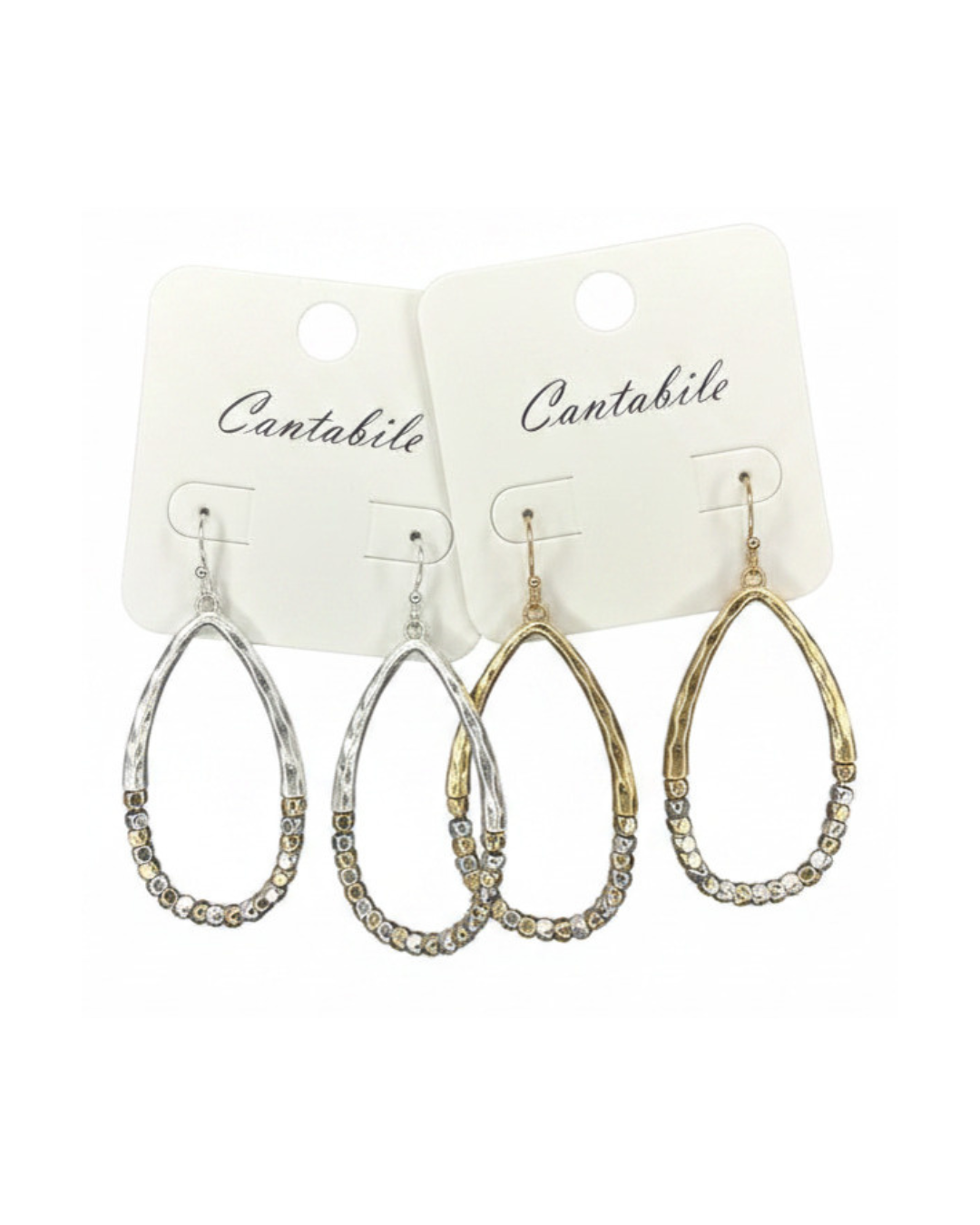 Hammered Metal Beaded Teardrop Drop Earrings