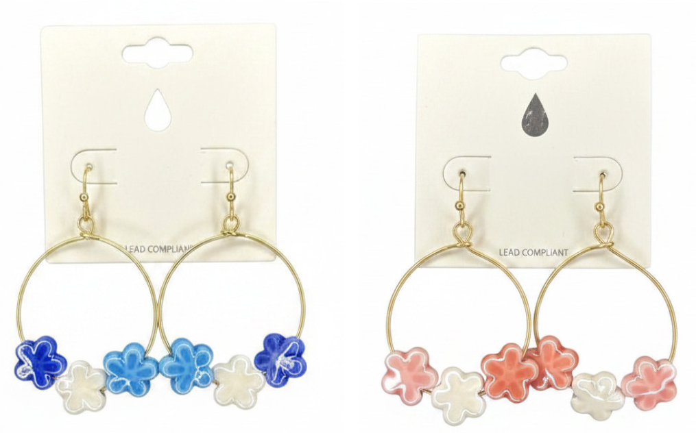 Porcelain Flower Beaded Wire Hoop Earrings