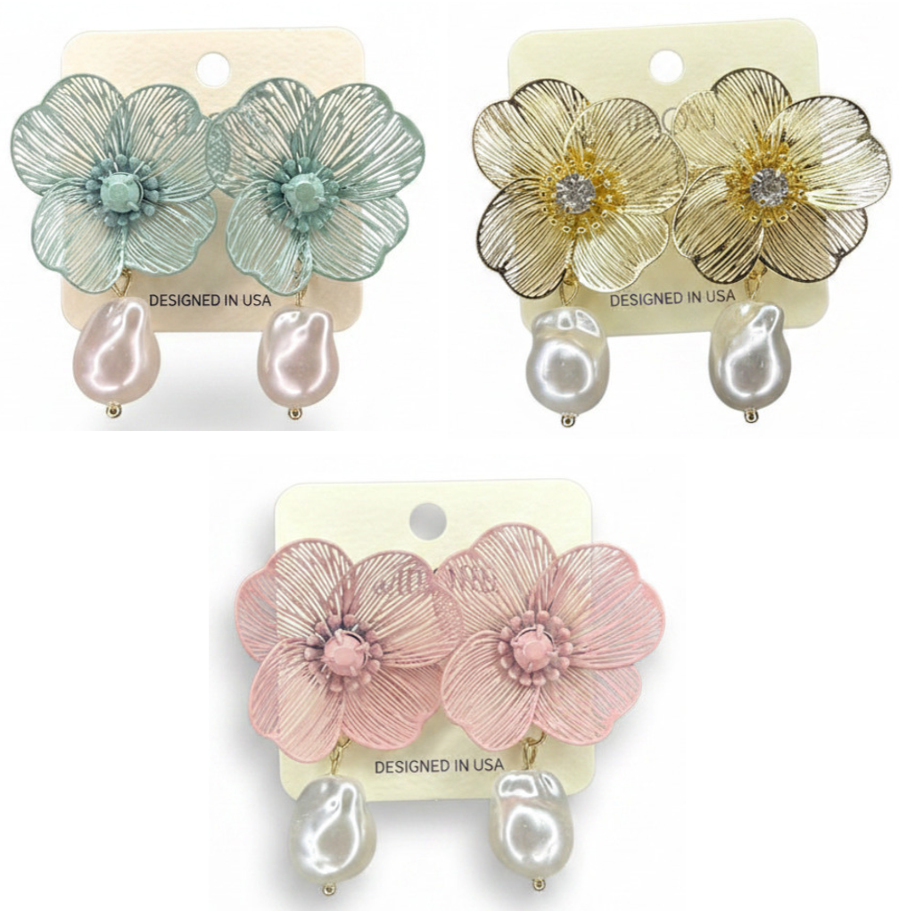 Metal Tone Flower & Baroque Pearl Drop Earrings