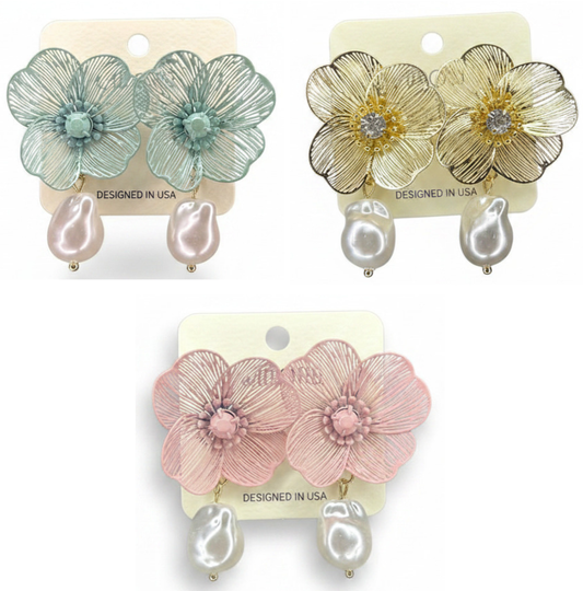 Metal Tone Flower & Baroque Pearl Drop Earrings
