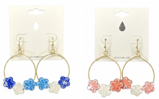 Porcelain Flower Beaded Wire Hoop Earrings