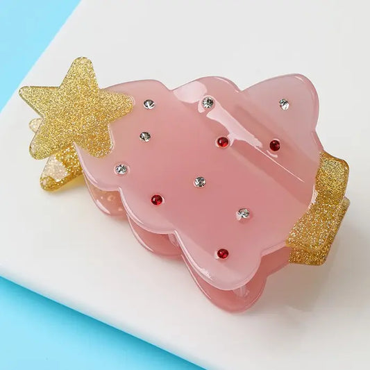 Pastel Pink Gemstone Christmas Tree Claw Clip