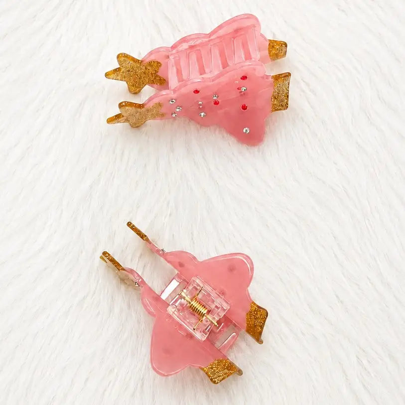 Pastel Pink Gemstone Christmas Tree Claw Clip